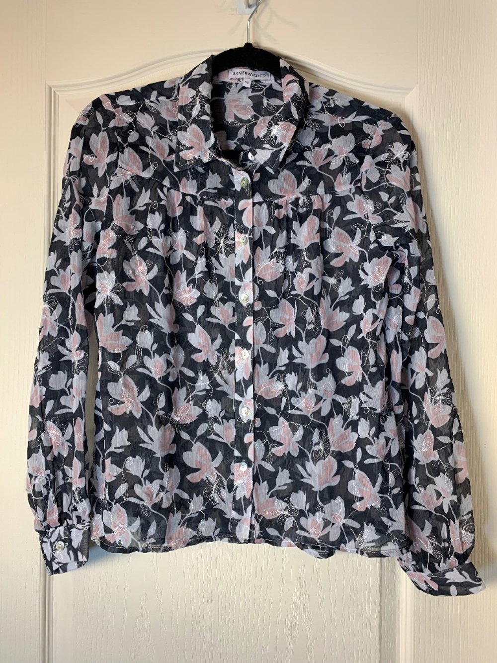 Floral Embroidered Sheer Blouse Black Pink White Small San Francisco Office Cute
